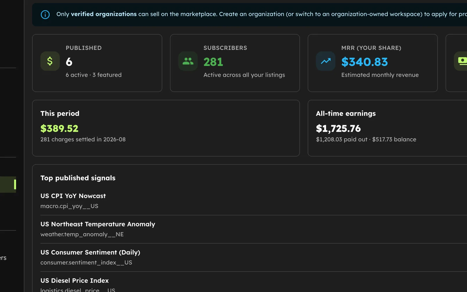 Seller monetization dashboard with published listings, subscribers, MRR, and payout balance