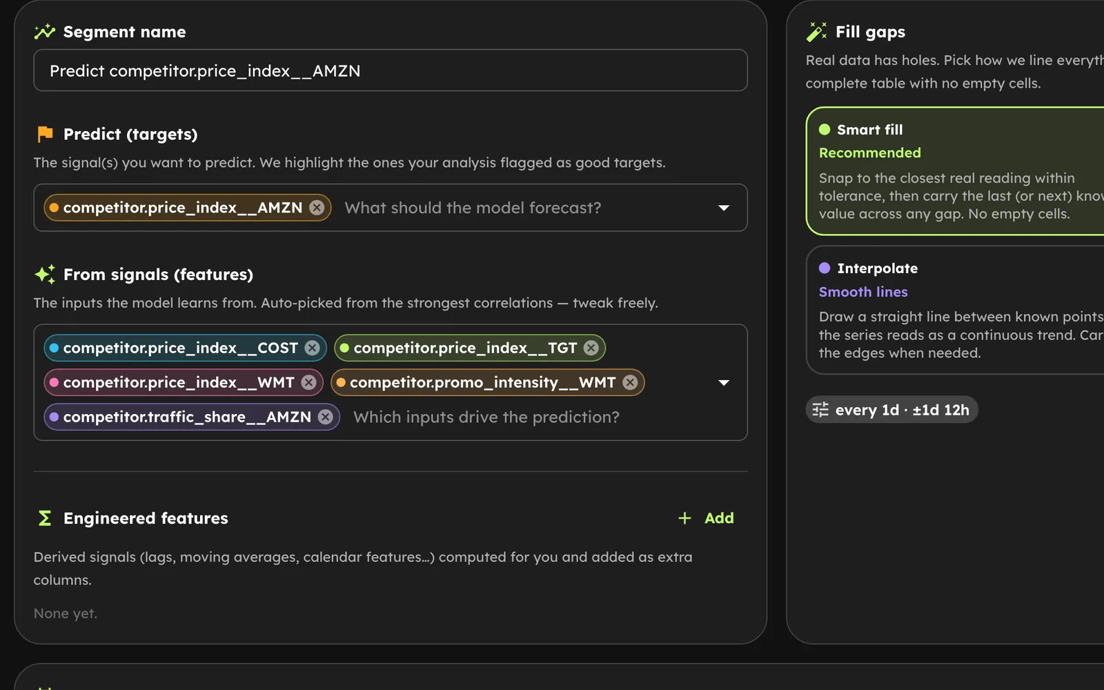 Segment studio with targets, feature signals, gap-filling strategies, and a live time window